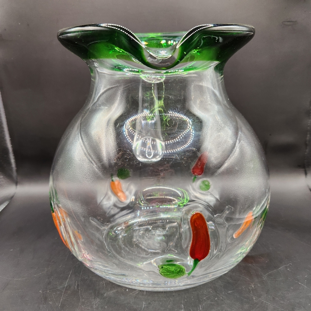 Hand Blown Large Clear & Green Glass Pitcher Red & Orange Peppers - Picture 2 of 7